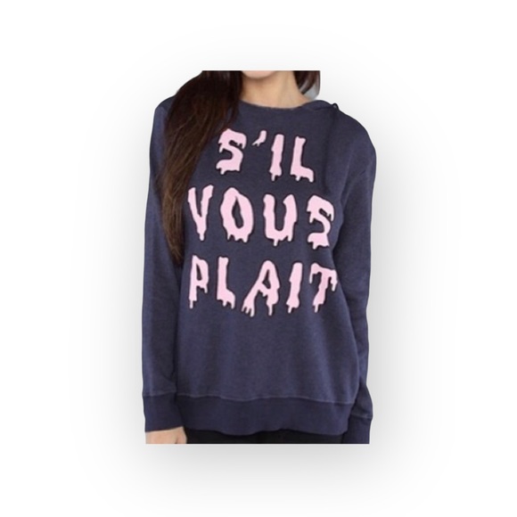 Y2K: OG Wildfox ☻︎ S’il Vous Plait Melted Letters Pullover Hoodie ☻︎ Navy Blue - Picture 2 of 16